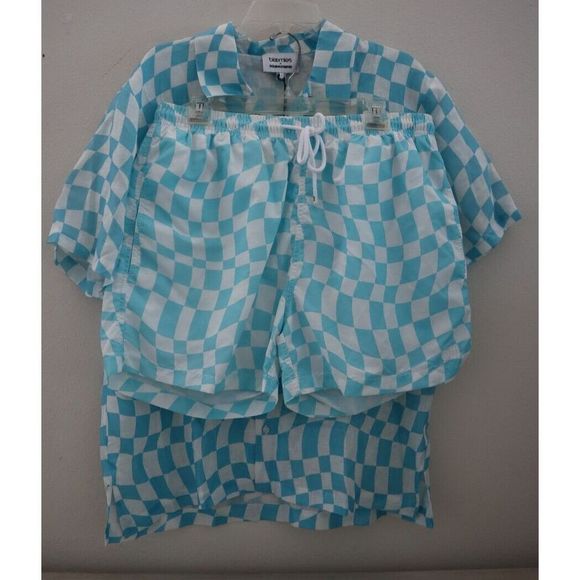 Bloomie's x Solid & Striped Men Sz L Cyan Blue Wavy Check Shirt/Shorts Set $220 - Picture 1 of 16